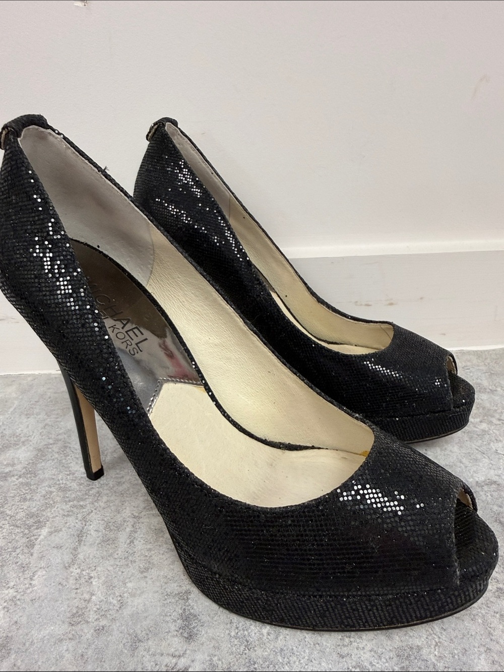 Michael‎ Kors Black Sequin Peep-Toe Stiletto Heels sz 6
